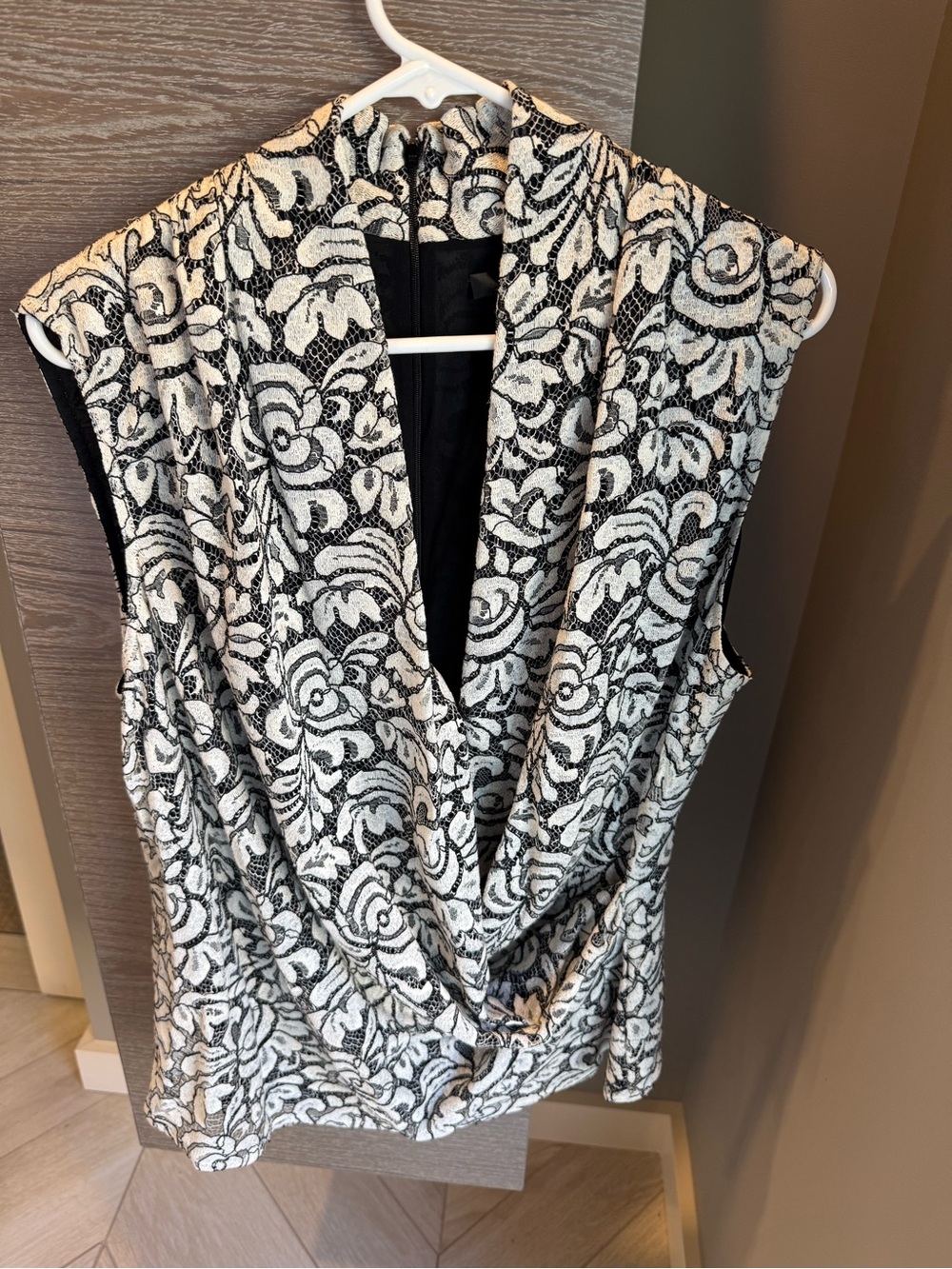 Black & White St. John Floral Draped Sleeveless Top